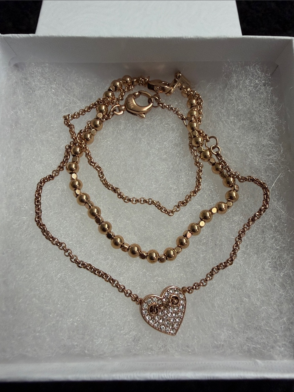 Fossil Rose Gold Layered Heart Bracelet with Pavé Charm